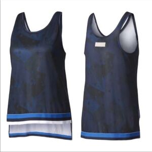 Adidas Trefoil Geometric Printed Mesh Hi-Low Tank Top Navy Blue Size Medium EUC